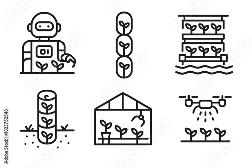 Futuristic Farming Icons. Line style icons of futuristic farming: AI robot tending plants, vertical pod garden, automated floating