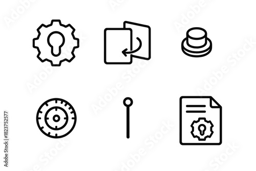 Mechanical Puzzle Icons. Linear minimalistic mechanical puzzle icon: gear lock, twistable panels, secret knob, combination wheel,