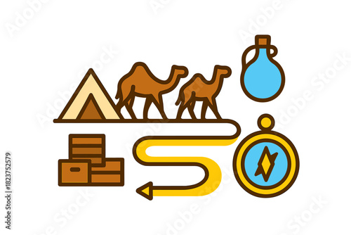 Desert Journey Icons. Linear minimalistic desert journey icon: camel caravan, tent line, supply crates, trade route, water skin,