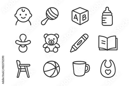 Child Development Icons. Line style icons of Child Development: Baby, Rattle, Block, Bottle; Pacifier, Teddy Bear, Crayon, Book;