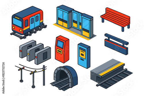 Vibrant Subway Icons. Isometric vector illustration set Public transportation – subway train, platform screen doors, platform