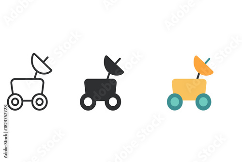 Minimalist Moon Rovers. Minimalist moon rover icon: three identical lunar rovers in a row, first in line style with thin outline,