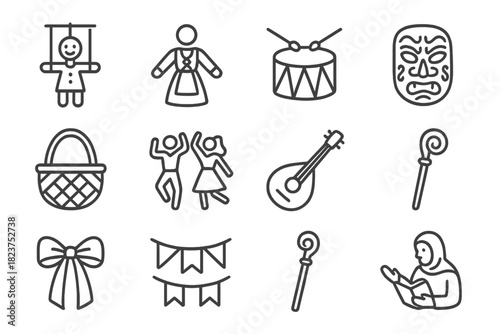 Folk Tradition Icons. Line style icons of Folk Traditions: puppet, folk costume, drum, spinning wheel; woven basket, traditional