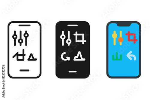 Mobile Editing Icons. Linear minimalistic mobile editing icon: editing app, adjustment sliders, crop tool, histogram, undo button,