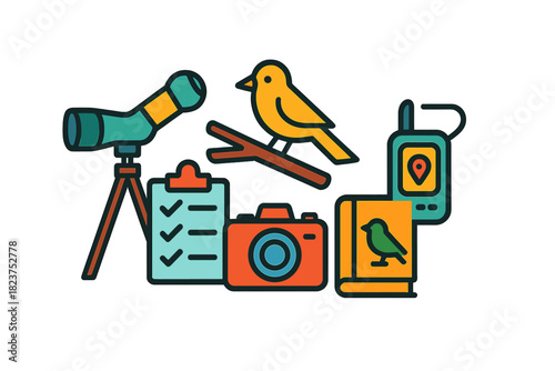 Birdwatching Icon Trio. Linear minimalistic birdwatching icon: spotting scope, bird on branch, checklist, camera, GPS device,