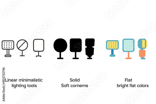 Lighting Tools Icons. Linear minimalistic lighting tools icon: portable LED, reflector, diffusing screen, flash, softbox, clamp
