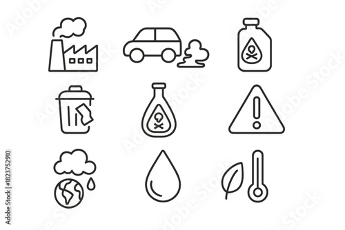 Pollution Icons Collection. Line style icons of Pollution Burden: Factory, Exhaust, Oil Spill, Trash; Chemical Bottle, Pipe, Smoke