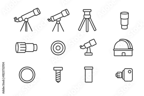 Line Style Telescopes. Line style icons of Telescopes: refractor telescope, reflector telescope, mount tripod, eyepiece; zoom lens