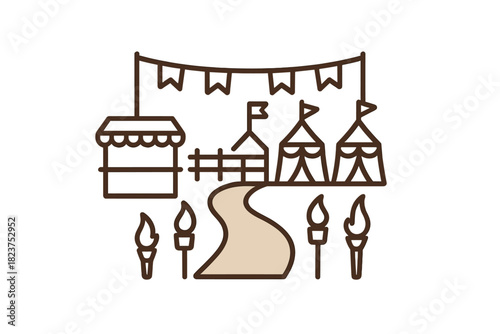 Festival Grounds Icons. Linear minimalistic festival grounds icon: food stalls, costume tents, banner flags, jousting arena,