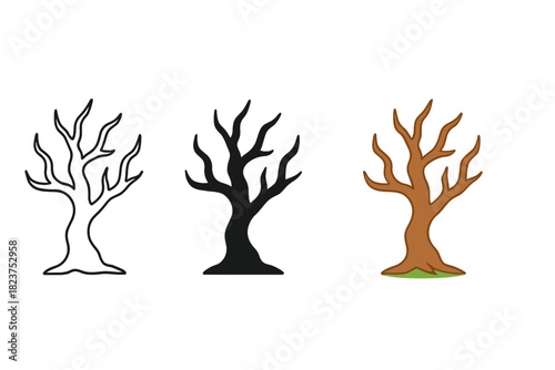 Eerie Tree Trio. Minimalist eerie tree icon: three identical twisted trees in a row, first in line style with thin outline, second