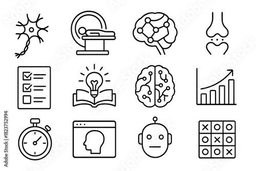 Cognitive Science Icons. Line style icons of Cognitive Science Tools: neuron model, fMRI scanner, brain network, synapse diagram;
