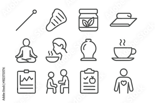 Cross-Cultural Health Icons. Line style icons of Cross-Cultural Health Practices: acupuncture needle, massage tool, herbal jar,