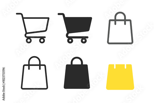 Minimalistic Shopping Icons. Linear minimalistic shopping cart icon: cart outline with wheels, uniform line thickness, no fill,