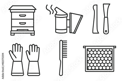 Beehive Equipment Icons. Line style icons of beehive equipment: Langstroth hive icon, smoker device, hive tool set, protective
