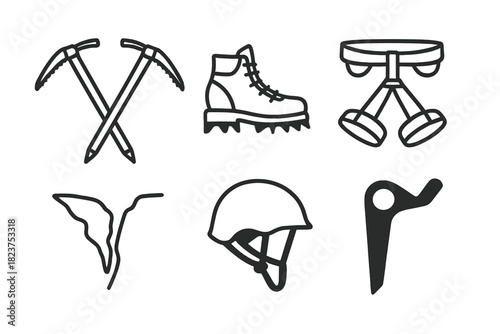 Mountaineering Gear Icons. Linear minimalistic mountaineering icon: ice axes pair, crampon boots, rope harness, glacier crevasse,