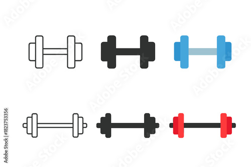 Dumbbells and Barbells Icons. Linear minimalistic dumbbell icon: dumbbell outline with weights, uniform line thickness, no fill,