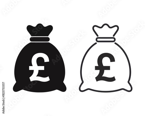 Illustration of two money bags with pound symbols in black and white on a plain white background view