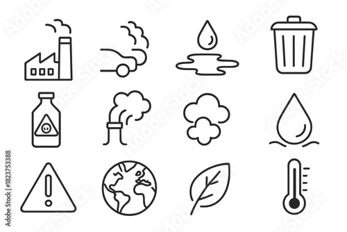 Pollution Icons Collection. Line style icons of Pollution Burden: Factory, Exhaust, Oil Spill, Trash; Chemical Bottle, Pipe, Smoke