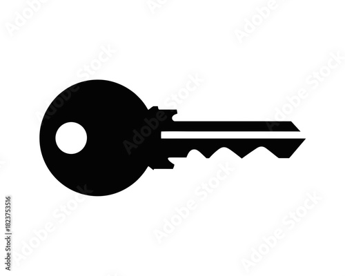 Illustration of a simple black key with a circular head and jagged edge on a white background view