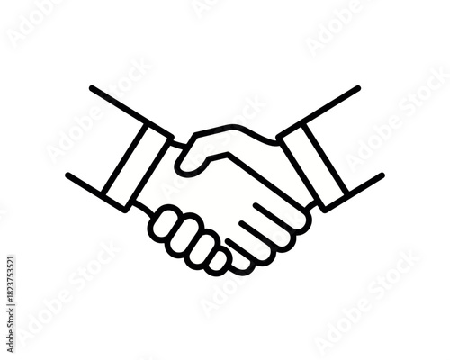 Outline illustration of two hands shaking in agreement with sleeves and cuffs visible in white space