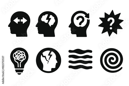 Psychological Concept Icons. Solid style icons of psychological disruptors: inner conflict glyph, thought split symbol, self-doubt