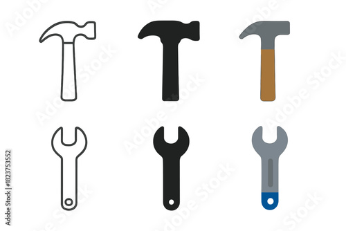 Minimalist Tool Icons. Linear minimalistic hammer icon: hammer outline with handle, uniform line thickness, no fill, Solid hammer
