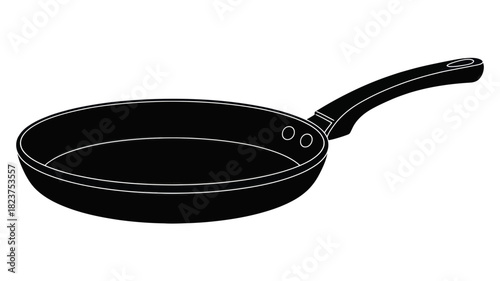 Illustration of a black frying pan with a long handle and two rivets connecting it to the pan body