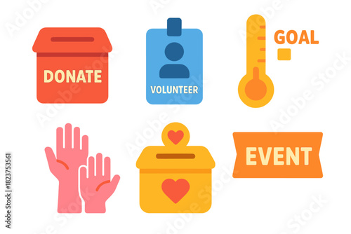 Charity Icons Set. Linear minimalistic charity drives icon: donation bin, volunteer badge, goal chart, collection box, helping