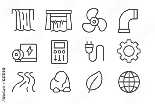 Small Hydro Icons. Line style icons of Small Hydro: Waterfall, Dam, Turbine, Pipe; Generator, Control Panel, Cable, Gear; River,