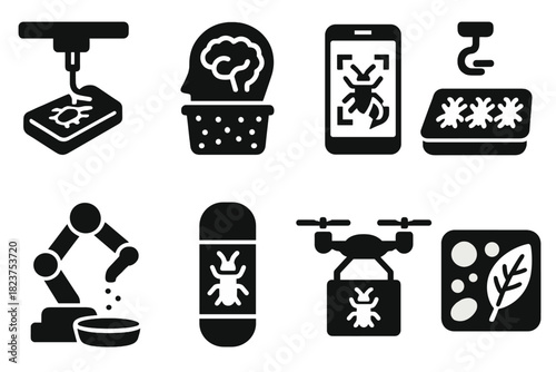Futuristic Insect Food Tech. Solid style icons of futuristic insect food tech: 3D-printed bug bar, AI nutrient blend icon, smart