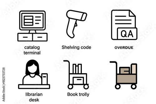 Minimalist Library Icons. Linear minimalistic university library icon: catalog terminal, shelving code, barcode scanner, overdue