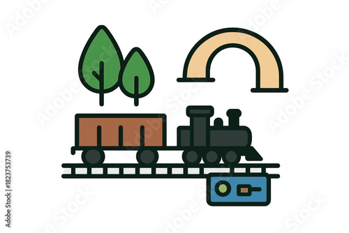 Minimalist Railroad Icons. Linear minimalistic diorama railroad icon: model tracks, steam engine, cargo car, scenery trees, bridge
