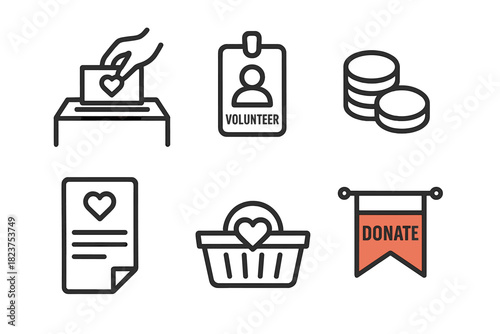 Charity Campaign Icons. Linear minimalistic charity campaign icon: giving box, volunteer badge, coins stack, pledge sheet,