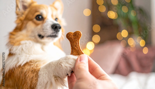 Mały piesek dostający smakołyk smaczki z ręki - tresura nagroda
