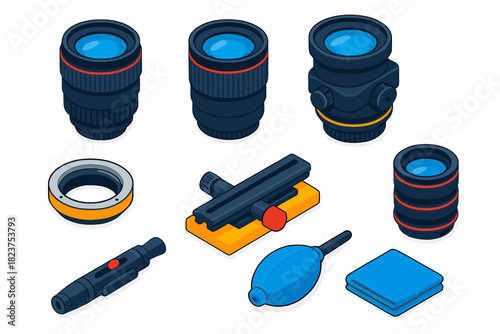 Photography Equipment Icons. Isometric vector illustration set Film and photography – prime lens set, macro lens, tilt-shift lens;