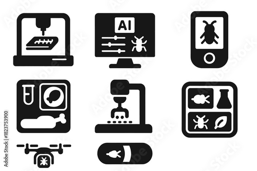 Futuristic Insect Food Tech. Solid style icons of futuristic insect food tech: 3D-printed bug bar, AI nutrient blend icon, smart