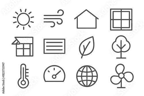 Climate Design Icons. Line style icons of Climate-Adaptive Design: Sun, Wind, Roof, Window; Shading, Vent, Leaf, Tree; Thermometer