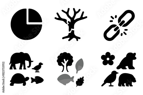 Biodiversity Loss Icons. Solid style icons of damaged biodiversity: missing link icons, silhouette gaps, fragment species. Genetic