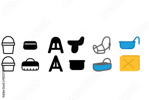 Horse Care Icons. Linear minimalistic horse care icon: feed bucket, grooming brush, saddle stand, halter, water trough, hay bale,