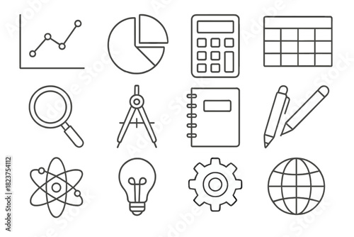 Data Analysis Icons. Line style icons of Data Analysis: Graph, Chart, Calculator, Spreadsheet; Magnifying Glass, Compass, Notebook