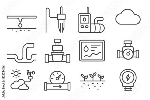 Smart Irrigation Icons. Line style icons of Smart Irrigation Systems: drip line, moisture sensor, control unit, water pump;