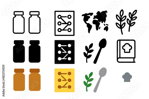 Herb and Spice Icons. Linear minimalistic herb and spice icon: spice bottles, pairing guide, origin map, herb sprigs, spoon,