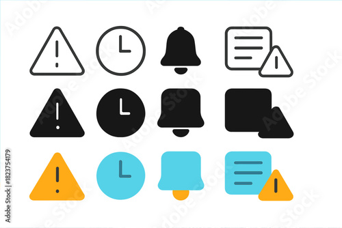 Icon Set_ Alerts. Linear minimalistic delay and notice icon: warning triangle, clock, notification bell, message board, alert sign