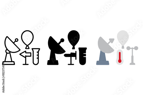 Storm Tracking Icons. Linear minimalistic storm tracking icon: radar array, weather balloon, wind vane, rain gauge, thermometer,