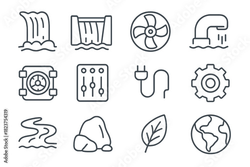 Small Hydro Icons. Line style icons of Small Hydro: Waterfall, Dam, Turbine, Pipe; Generator, Control Panel, Cable, Gear; River,