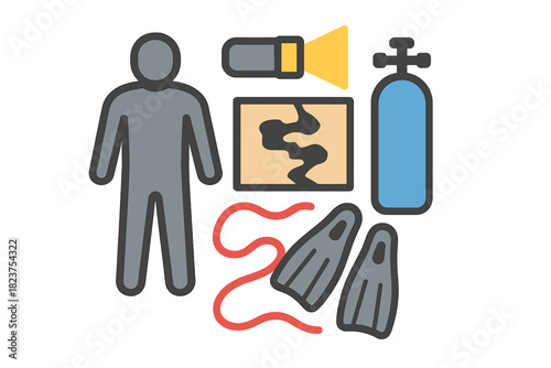 Cave Diving Icons. Linear minimalistic cave diving icon: diving suit, underwater light, cave map, oxygen tank, flippers, guide