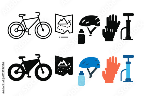 Mountain Biking Icons. Linear minimalistic mountain biking icon: mountain bike, trail map, helmet, gloves, water bottle, bike pump