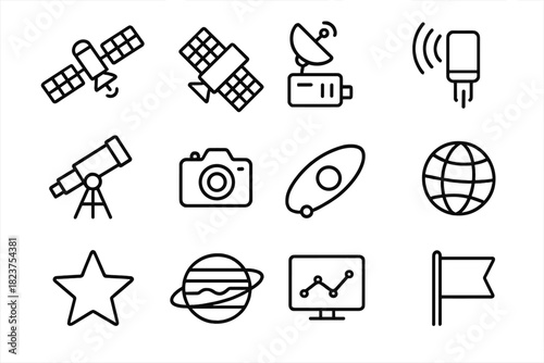 Orbiting Observatory Icons. Line style icons of Orbiting Observatories: Satellite, Solar Panel, Antenna, Sensor; Telescope, Camera