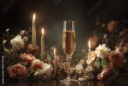 Romantic Champagne Toast with Lit Candles and Floral Arrangement in Dim Lighting.