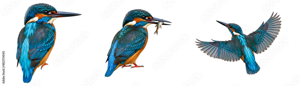 Obraz premium Three common kingfishers in different poses against a plain backdrop isolated in the frame view on transparent background